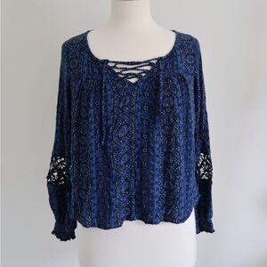 Blue Hollister Long Sleeve Crop Top with Lace and Front-tie Detailing XS